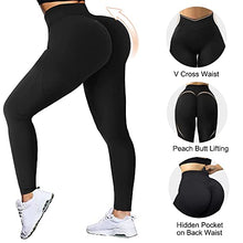 Load image into Gallery viewer, MOOSLOVER Women V Cross Waist Butt Lifting Leggings with Pockets High Waisted Yoga Pants(Medium,#1 Black)
