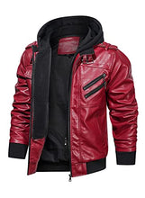 Load image into Gallery viewer, Hood Crew Men’s Casual Stand Collar PU Faux Leather Zip-Up Motorcycle Bomber Jacket With a Removable Hood Red L