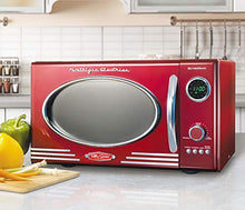 Load image into Gallery viewer, Nostalgia RMO4RR Retro Large 0.9 cu ft, 800-Watt Countertop Microwave Oven, 12 Pre-Programmed Cooking Settings, Digital Clock, Easy Clean Interior, Metallic Red