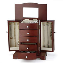 Load image into Gallery viewer, RR ROUND RICH DESIGN Jewelry Box - Made of Solid Wood with Tower Style 4 Drawers Organizer and 2 Separated Open Doors on 2 Sides and Large Mirror Brown