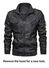 Load image into Gallery viewer, Hood Crew Men’s Casual Stand Collar PU Faux Leather Zip-Up Motorcycle Bomber Jacket With a Removable Hood
