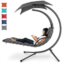 Load image into Gallery viewer, Best Choice Products Outdoor Hanging Curved Steel Chaise Lounge Chair Swing w/Built-in Pillow and Removable Canopy - Charcoal Gray
