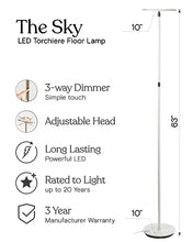 Load image into Gallery viewer, Brightech Sky LED Torchiere Super Bright Floor Lamp - Contemporary, High Lumen Light for Living Rooms and Offices - Dimmable, Indoor Pole Uplight for Bedroom Reading - White