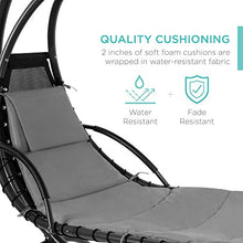 Load image into Gallery viewer, Best Choice Products Outdoor Hanging Curved Steel Chaise Lounge Chair Swing w/Built-in Pillow and Removable Canopy - Charcoal Gray