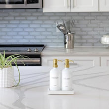 Load image into Gallery viewer, MaisoNovo Glass Soap Dispenser with Pump | Vintage Bathroom and Kitchen Soap Dispenser Set with Dish Soap, Hand Soap, Lotion Waterproof Labels | White Bottles Gold Pumps - Set of 2