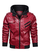 Load image into Gallery viewer, Hood Crew Men’s Casual Stand Collar PU Faux Leather Zip-Up Motorcycle Bomber Jacket With a Removable Hood Red L