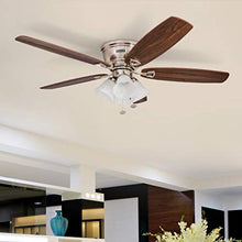 Load image into Gallery viewer, Honeywell 50182 Quick-2-Hang Hugger Ceiling Fan, 52” Dimmable LED White Swirled Marble Fixtures, Easy Installation Cimmeron/Walnut Blades, Brushed Nickel
