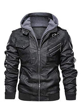 Load image into Gallery viewer, Hood Crew Men’s Casual Stand Collar PU Faux Leather Zip-Up Motorcycle Bomber Jacket With a Removable Hood