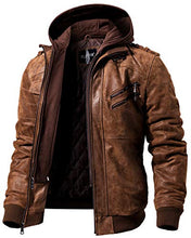 Load image into Gallery viewer, FLAVOR Men Brown Leather Motorcycle Jacket with Removable Hood. (Medium (US standard), Brown)