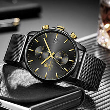 Load image into Gallery viewer, Men’s Watch Fashion Sport Quartz Analog Mesh Stainless Steel Waterproof Chronograph Watches, Auto Date in Gold Hands, Color: Black