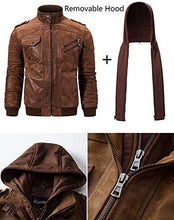 Load image into Gallery viewer, FLAVOR Men Brown Leather Motorcycle Jacket with Removable Hood. (Medium (US standard), Brown)