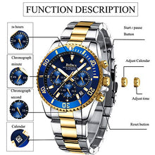 Load image into Gallery viewer, Mens Watches Chronograph Gold Blue Stainless Steel Waterproof Date Analog Quartz Watch Business Casual Fashion Wrist Watches for Men