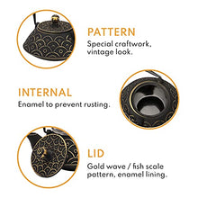 Load image into Gallery viewer, VUDECO Japanese Teapot Cast Iron Tea Kettle with Infuser Japanese Tea Set Tea Pots with Infusers for Loose Tea Kettle Set Cast Iron Tea Kettle Stove Top Safe- Black with Gold Wave Pattern 30oz / 900ml