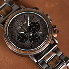Load image into Gallery viewer, BOBO BIRD Mens Wooden Watches Business Casual Wristwatches Stylish Ebony Wood & Stainless Steel Combined Chronograph with Wooden Box (Grey)