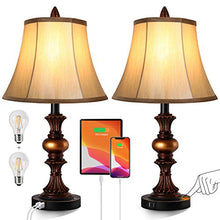 Load image into Gallery viewer, Touch Control Traditional Table Lamp Set of 2, Vintage Bedside Lamps with Dual USB Charging Ports, 3-Way Dimmable Bronze Finish Desk Lamps with Bell Shape Faux Silk Shade for Living Room, Bedroom