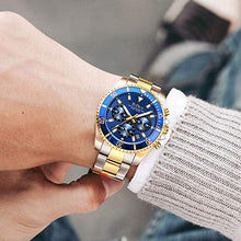 Load image into Gallery viewer, Mens Watches Chronograph Gold Blue Stainless Steel Waterproof Date Analog Quartz Watch Business Casual Fashion Wrist Watches for Men