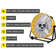 Load image into Gallery viewer, Tornado 24 Inch Grade UL Listed High Velocity Movement Heavy Duty Drum 3 Speed Air Circulator Fan 7800 CFM-Industrial, Commercial, Residential, and Greenhouse Use, Yellow