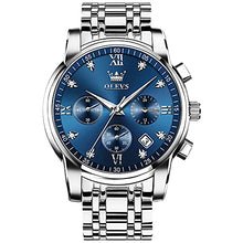 Load image into Gallery viewer, Men's Diamond Watches Blue Dial Roman numerals Chronograph Watches for Men Stainless Steel Band Fashion Luminous Hands Multi-Function Quartz Watches Water Resistant Silver Tone Men Watch with Date