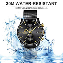 Load image into Gallery viewer, Men’s Watch Fashion Sport Quartz Analog Mesh Stainless Steel Waterproof Chronograph Watches, Auto Date in Gold Hands, Color: Black