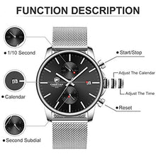 Load image into Gallery viewer, Men’s Watch Fashion Sleek Minimalist Quartz Analog Mesh Stainless Steel Waterproof Chronograph Watches, Auto Date in Black Face, Color: Silver Black