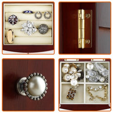 Load image into Gallery viewer, RR ROUND RICH DESIGN Jewelry Box - Made of Solid Wood with Tower Style 4 Drawers Organizer and 2 Separated Open Doors on 2 Sides and Large Mirror Brown