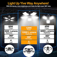 Load image into Gallery viewer, Mefflypee 2 Pack LED Garage Lights, 120W Deformable LED Garage Ceiling Lights with 5 Adjustable Panels, 12000LM E26 LED Shop Lights for Garage, Basement, Barn, High Bay Light (2 Pack)