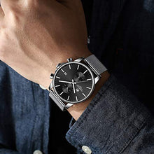 Load image into Gallery viewer, Men’s Watch Fashion Sleek Minimalist Quartz Analog Mesh Stainless Steel Waterproof Chronograph Watches, Auto Date in Black Face, Color: Silver Black