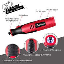 Load image into Gallery viewer, AVID POWER Cordless Rotary Tool 2.0 Ah 8V Rechargeable Rotary Tool, 4 Front LED Lights, 5 Speeds, 60 Pcs Rotary Tool Accessories with Bag for Carving, Engraving, Sanding, Polishing and Cutting - Red