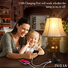 Load image into Gallery viewer, Touch Control Traditional Table Lamp Set of 2, Vintage Bedside Lamps with Dual USB Charging Ports, 3-Way Dimmable Bronze Finish Desk Lamps with Bell Shape Faux Silk Shade for Living Room, Bedroom