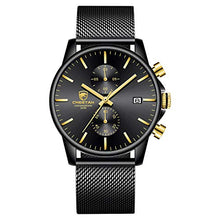 Load image into Gallery viewer, Men’s Watch Fashion Sport Quartz Analog Mesh Stainless Steel Waterproof Chronograph Watches, Auto Date in Gold Hands, Color: Black