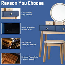 Load image into Gallery viewer, CHARMAID Vanity Set with Touch Screen Dimming Mirror, 3 Color Lighting Modes, Dressing Table with 4 Sliding Drawers, Modern Bedroom Makeup Table and Cushioned Stool Set for Women Girls (Navy)
