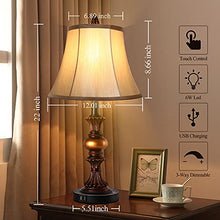 Load image into Gallery viewer, Touch Control Traditional Table Lamp Set of 2, Vintage Bedside Lamps with Dual USB Charging Ports, 3-Way Dimmable Bronze Finish Desk Lamps with Bell Shape Faux Silk Shade for Living Room, Bedroom