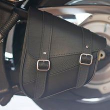 Load image into Gallery viewer, Dowco Willie & Max 59776-00 Triangulated Synthetic Leather Motorcycle Swingarm Bag: 9 Liter Capacity, Black w/Chrome Buckles