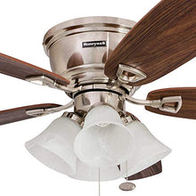 Load image into Gallery viewer, Honeywell 50182 Quick-2-Hang Hugger Ceiling Fan, 52” Dimmable LED White Swirled Marble Fixtures, Easy Installation Cimmeron/Walnut Blades, Brushed Nickel