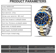 Load image into Gallery viewer, Mens Watches Chronograph Gold Blue Stainless Steel Waterproof Date Analog Quartz Watch Business Casual Fashion Wrist Watches for Men