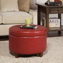 Load image into Gallery viewer, HomePop Round Leatherette Storage Ottoman with Lid, Cinnamon Red