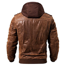 Load image into Gallery viewer, FLAVOR Men Brown Leather Motorcycle Jacket with Removable Hood. (Medium (US standard), Brown)