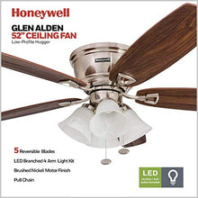 Load image into Gallery viewer, Honeywell 50182 Quick-2-Hang Hugger Ceiling Fan, 52” Dimmable LED White Swirled Marble Fixtures, Easy Installation Cimmeron/Walnut Blades, Brushed Nickel