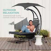 Load image into Gallery viewer, Best Choice Products Outdoor Hanging Curved Steel Chaise Lounge Chair Swing w/Built-in Pillow and Removable Canopy - Charcoal Gray