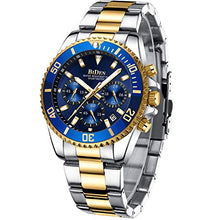 Load image into Gallery viewer, Mens Watches Chronograph Gold Blue Stainless Steel Waterproof Date Analog Quartz Watch Business Casual Fashion Wrist Watches for Men
