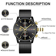Load image into Gallery viewer, Men’s Watch Fashion Sport Quartz Analog Mesh Stainless Steel Waterproof Chronograph Watches, Auto Date in Gold Hands, Color: Black