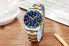 Load image into Gallery viewer, Mens Watches Chronograph Gold Blue Stainless Steel Waterproof Date Analog Quartz Watch Business Casual Fashion Wrist Watches for Men