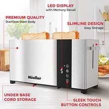 Load image into Gallery viewer, Mueller UltraToast Full Stainless Steel Toaster 2 Slice, Long Extra-Wide Slots with Removable Tray, Cancel/Defrost/Reheat Functions, 6 Browning Levels with LED Display