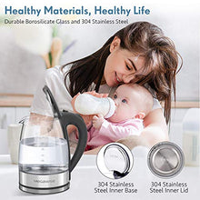 Load image into Gallery viewer, MegaWise 1500W Electric Kettle , 1.8L Borosilicate Glass Tea Kettle with LED Light, Auto Shut-Off and Boil-Dry Protection Cordless Kettle Fast Boiling, BPA Free