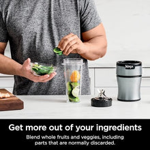 Load image into Gallery viewer, Ninja BN301 Nutri-Blender Plus Compact Personal Blender, 900-Peak-Watt Motor, Frozen Drinks, Smoothies, Sauces & More, (3) 20 oz. To-Go Cups, (2) Spout-Lids (1) Storage-Lid, Dishwasher Safe, Silver