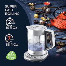 Load image into Gallery viewer, Electric Glass Kettle and Tea Maker with Removable Infuser and Temperature Controls. Brewing Programs for your favorite types of teas and Coffees. Stainless Steel Glass Boiler. BPA-FREE 1.6 liters