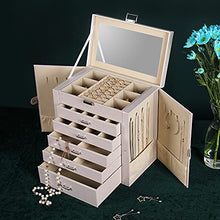 Load image into Gallery viewer, Frebeauty Large Jewelry Box,6-Tier PU Leather Jewelry Organizer with Lock,Multi-functional Storage Case with Mirror,Accessories Holder with 5 Drawers for Necklace Bracelets Watches(Pearl White)