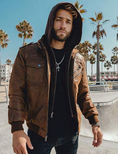 Load image into Gallery viewer, FLAVOR Men Brown Leather Motorcycle Jacket with Removable Hood. (Medium (US standard), Brown)