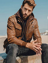 Load image into Gallery viewer, FLAVOR Men Brown Leather Motorcycle Jacket with Removable Hood. (Medium (US standard), Brown)