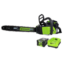 Load image into Gallery viewer, Greenworks 80V 18" Brushless Cordless Chainsaw (Great For Tree Felling, Limbing, Pruning, and Firewood) / 75+ Compatible Tools), 2.0Ah Battery and Rapid Charger Included